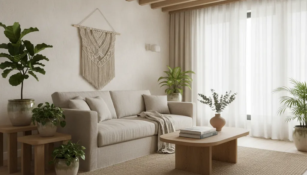 Salon contemporain naturel avec canapé beige, plantes vertes, bois clair et lumière douce