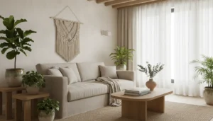 Salon contemporain naturel avec canapé beige, plantes vertes, bois clair et lumière douce