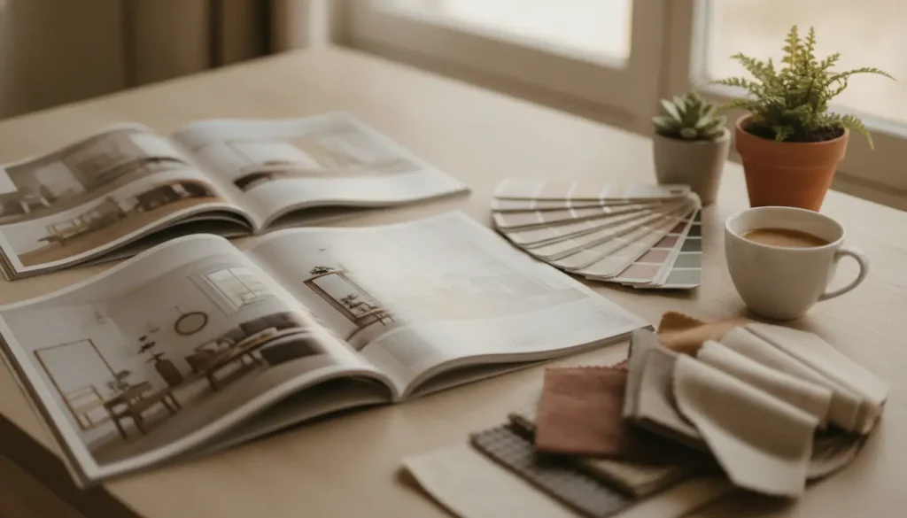 Magazines de décoration intérieure ouverts sur une table en bois clair avec des nuanciers de couleurs, des plantes et une tasse de café