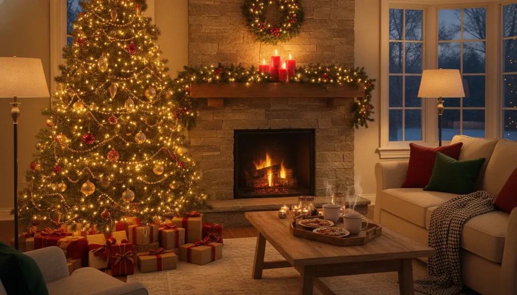 Salon chaleureux décoré pour Noël, sapin illuminé aux guirlandes dorées, bougies sur cheminée, ambiance lumière dorée tamisée