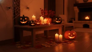 Décorations Halloween faites maison : citrouilles sculptées oranges, toiles d'araignées en ficelle et bougies sur une table en bois dans un intérieur chaleureux