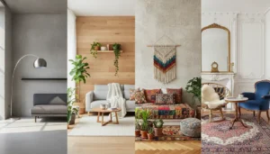 Quatre styles d'intérieur maison côte à côte : moderne épuré, scandinave naturel, bohème coloré et classique élégant