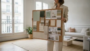 Décoratrice d'intérieur présentant un mood board avec échantillons de couleurs et matières dans un salon lumineux à palette neutre et vert sauge