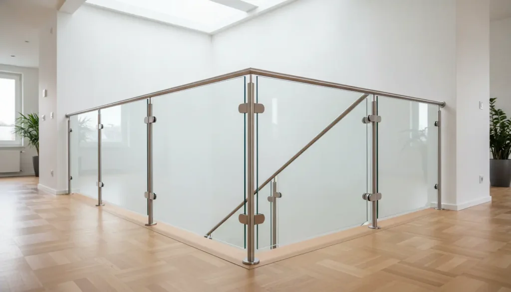 Garde-corps design intérieur en verre trempé et inox sur escalier contemporain, intérieur lumineux parquet clair