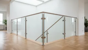 Garde-corps design intérieur en verre trempé et inox sur escalier contemporain, intérieur lumineux parquet clair