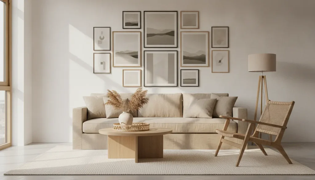 Salon lumineux avec galerie de cadres muraux et canapé beige