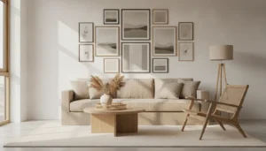 Salon lumineux avec galerie de cadres muraux et canapé beige