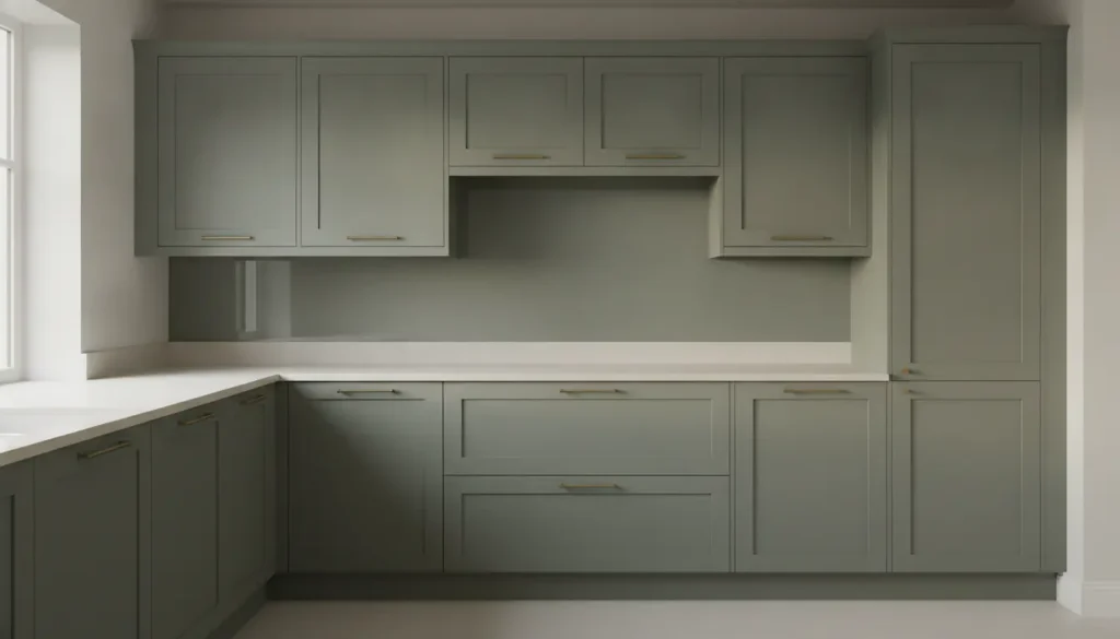 Cuisine en L relookée avec façades vert olive mat et poignées laiton