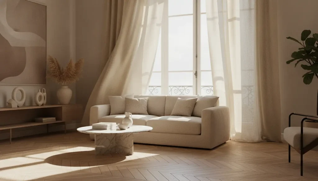 salon lumineux avec rideaux de qualité en lin devant une grande fenêtre