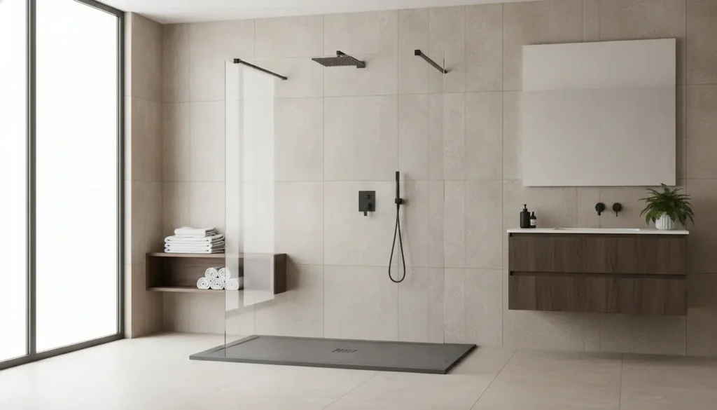 Douche à l'italienne avec receveur extra-plat gris anthracite et paroi en verre