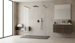 Douche à l'italienne avec receveur extra-plat gris anthracite et paroi en verre