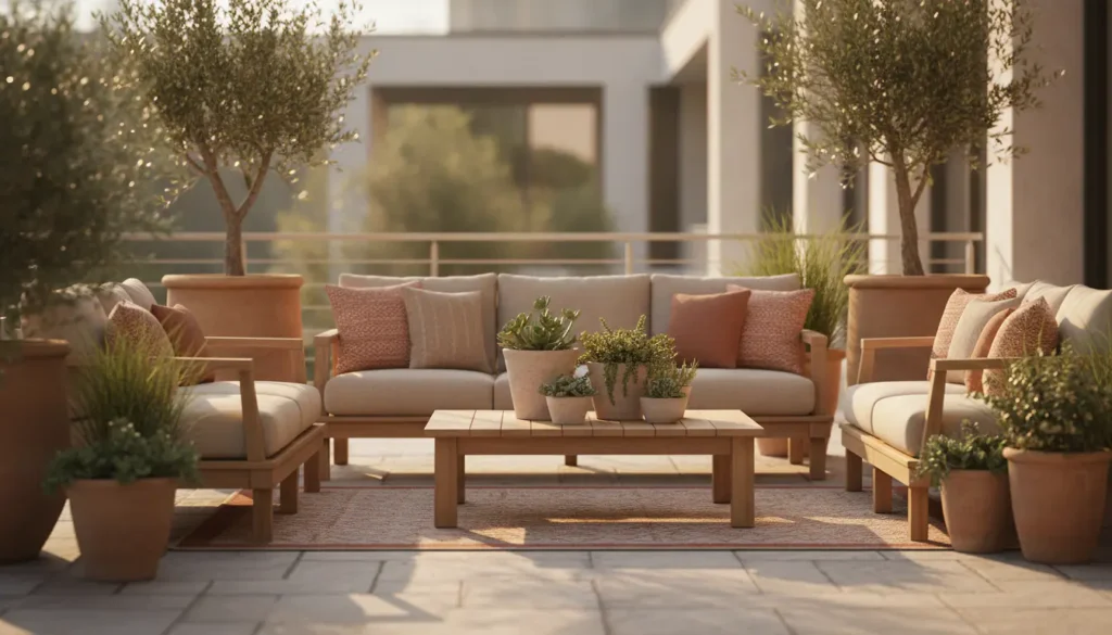 Terrasse extérieure aménagée avec salon bas en bois clair et coussins textiles, ambiance chaleureuse en fin de journée