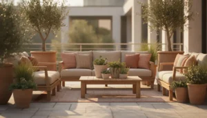 Terrasse extérieure aménagée avec salon bas en bois clair et coussins textiles, ambiance chaleureuse en fin de journée