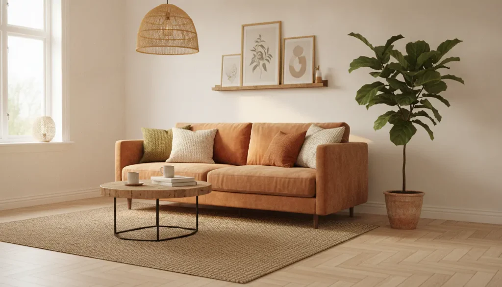 Salon cosy avec canapé velours terracotta, plante verte et lumière naturelle dorée