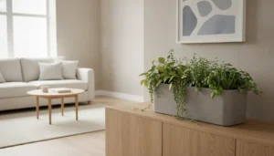 Jardinière autoarrosante design en pierre reconstituée dans un salon lumineux aux tons neutres