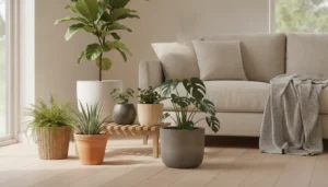 Salon japandi lumineux avec pots design en céramique, terre cuite, béton et rotin sur parquet en chêne